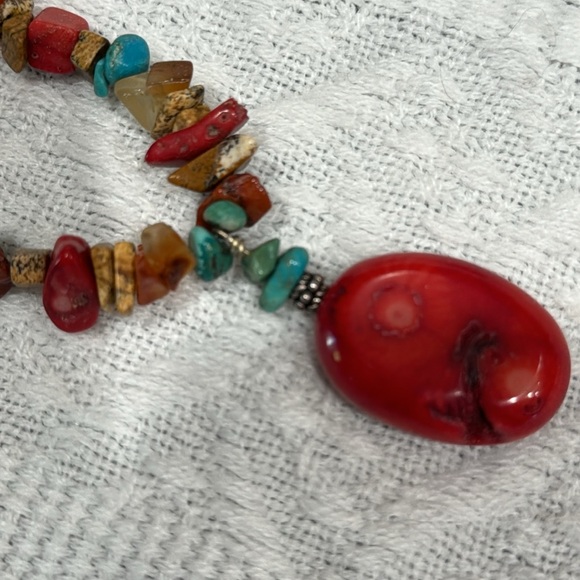 Red Coral, Raw Tiger Eyes, Turquoise & Agate stones Necklace earrings Set! - Picture 9 of 10